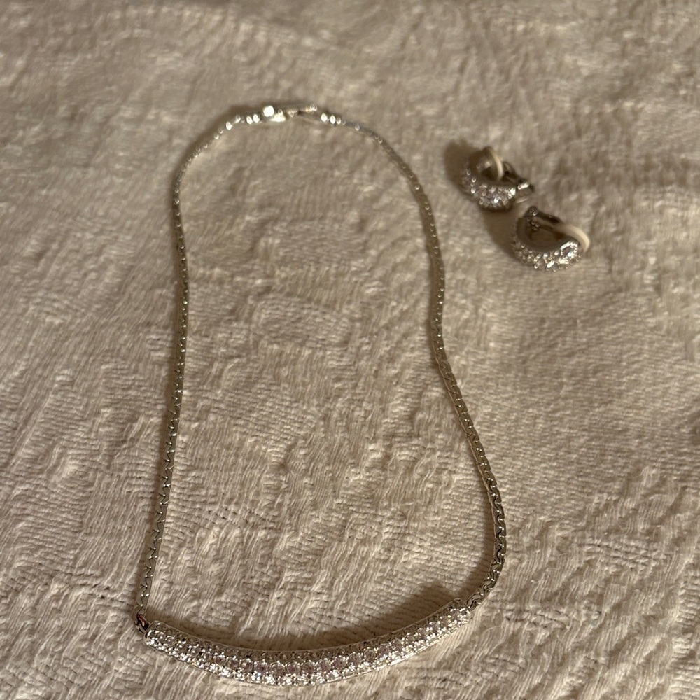 Swarovski Silver Crystal Bar Necklace and Hoop clip on Earrings Set